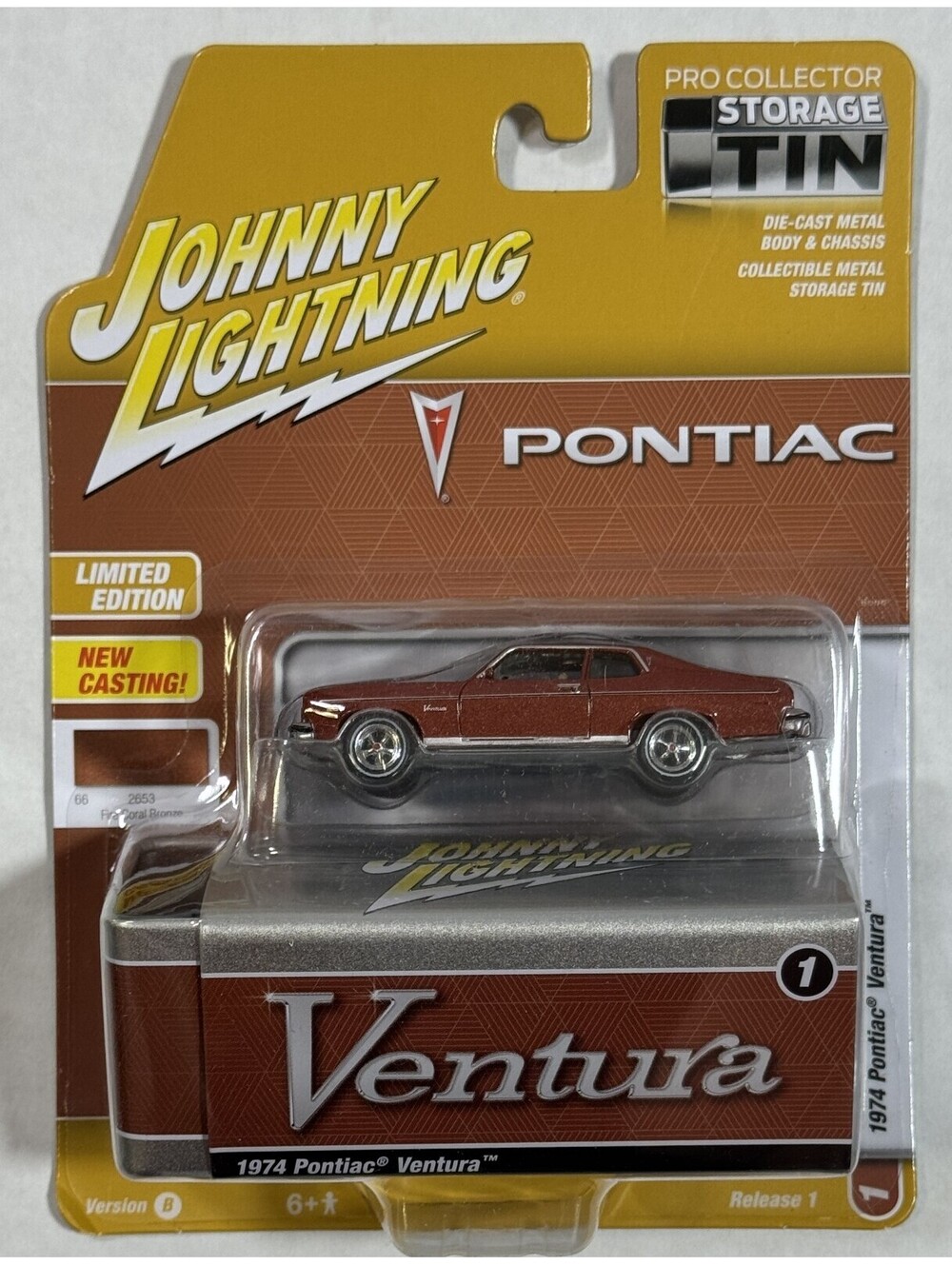 Johnny Lightning Fire Coral Bronze 1974 Pontiac Ventura W/ Storage Tin